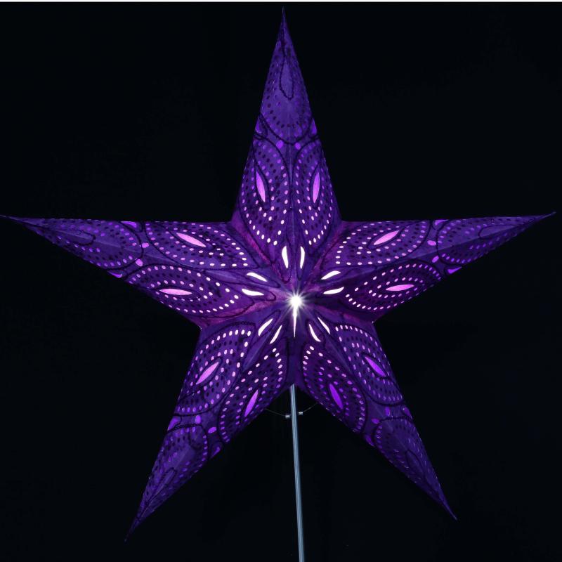 Siddharta Batik Glitter/Lila - Faltbarer Leuchtstern, Weihnachtsstern aus Papier mit 5 Zacken, 60 cm
